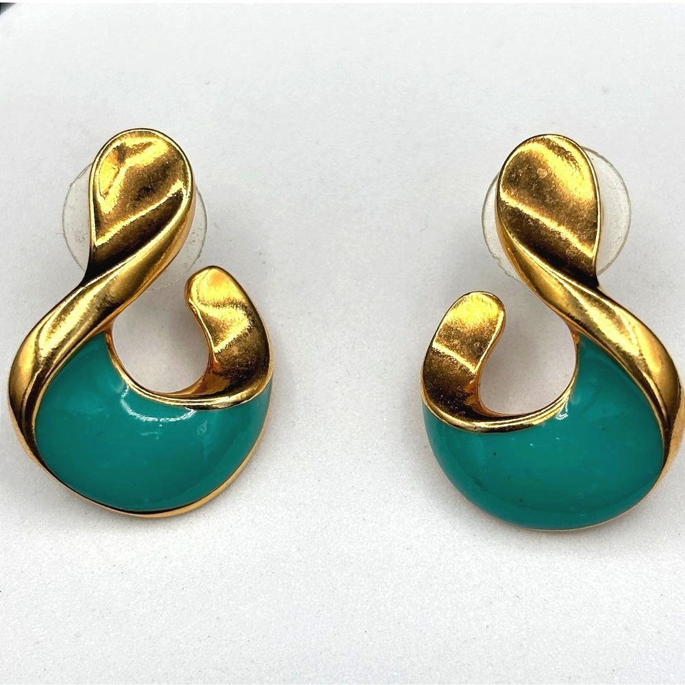 Vintage Gold-Tone Teal Enamel Swirl‎ Earrings Bold Statement Y2K Fashion